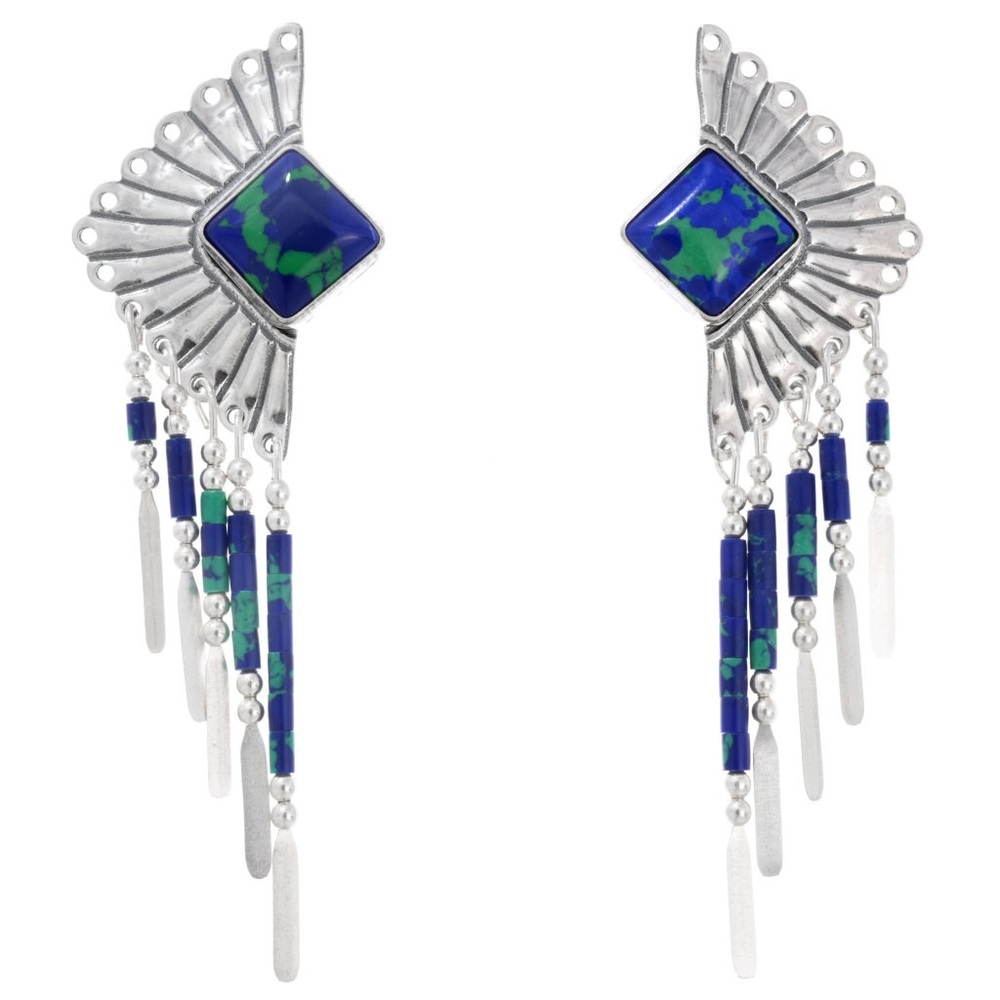 Sterling silver Asymmetrical Shaped Blue Green Native Fringe Earrings